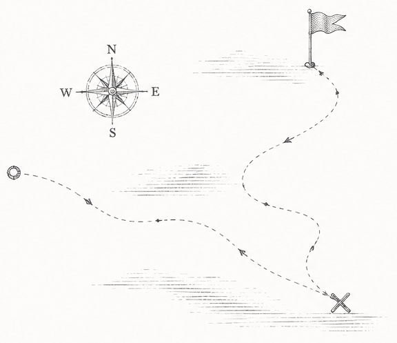 Hand-drawn map illustration showing a winding path from a compass to a flag and X — a funding plan as a route, not a single offer.